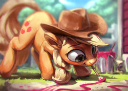 Size: 1200x850 | Tagged: safe, artist:assasinmonkey, character:applejack, species:earth pony, species:pony, :t, brush, clothing, cowboy hat, cute, drawing, ear fluff, face down ass up, female, floppy ears, freckles, hat, jackabetes, looking down, mare, mouth hold, paint bucket, paint in hair, paintbrush, painting, raised leg, silly, silly pony, smiling, solo, stetson