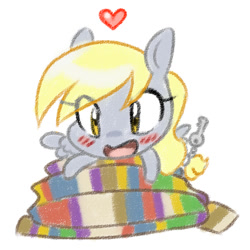 Size: 750x750 | Tagged: safe, artist:jitterbugjive, character:derpy hooves, species:pegasus, species:pony, lovestruck derpy, blushing, chibi, clothing, cute, derpabetes, eye clipping through hair, female, fourth doctor's scarf, heart, key, mare, scarf, simple background, solo, white background