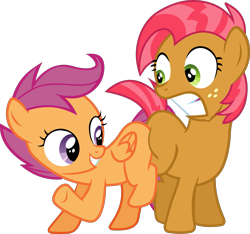Size: 2681x2509 | Tagged: safe, artist:frownfactory, character:babs seed, character:scootaloo, species:earth pony, species:pegasus, species:pony, episode:one bad apple, g4, my little pony: friendship is magic, .svg available, butt bump, butt to butt, butt touch, duo, female, filly, foal, freckles, personal space invasion, simple background, svg, transparent background, varying degrees of want, vector, wings