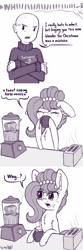 Size: 1024x3072 | Tagged: safe, artist:dsp2003, oc, oc:brownie bun, oc:richard, species:earth pony, species:human, species:pony, horse wife, asdfmovie, blender (object), blushing, bread, clothing, coffee mug, comic, cross-popping veins, descriptive noise, dialogue, female, food, hello, loss (meme), male, mare, mine turtle, monochrome, mug, open mouth, parody, speech bubble, sweater, this will end in property damage, toast, toaster, updated