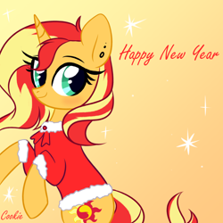 Size: 3500x3500 | Tagged: safe, artist:lazuli, character:sunset shimmer, species:pony, species:unicorn, blushing, christmas, clothing, costume, cute, female, happy new year, holiday, mare, santa costume, smiling, solo