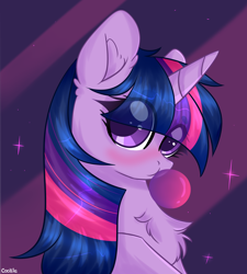 Size: 2928x3254 | Tagged: safe, artist:lazuli, character:twilight sparkle, character:twilight sparkle (unicorn), species:pony, species:unicorn, abstract background, blushing, bubblegum, chest fluff, cute, female, food, gum, looking at you, mare, solo