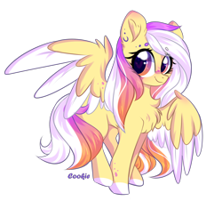 Size: 1860x1680 | Tagged: safe, artist:lazuli, oc, oc only, species:pegasus, species:pony, blushing, chest fluff, colored hooves, commission, cute, ear piercing, earring, eyelashes, female, grin, heart eyes, jewelry, mare, multicolored eyes, one wing out, pegasus oc, piercing, simple background, smiling, solo, transparent background, two toned wings, wingding eyes, wings, ych result