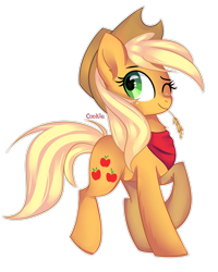 Size: 1920x2405 | Tagged: safe, artist:lazuli, character:applejack, species:earth pony, species:pony, applejack's hat, bandana, clothing, cowboy hat, ear fluff, female, hat, mare, one eye closed, raised hoof, simple background, smiling, solo, straw in mouth, white background, wink, ych result