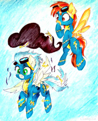 Size: 804x994 | Tagged: safe, artist:liaaqila, character:misty fly, oc, oc:razor winds, clothing, cloud, goggles, singed, thunder, traditional art, uniform, whoops, wonderbolts uniform