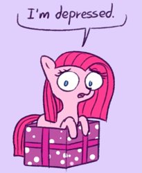 Size: 835x1017 | Tagged: safe, artist:dsp2003, edit, character:pinkamena diane pie, character:pinkie pie, species:earth pony, species:pony, box, cropped, cute, cuteamena, depressed, depression, dialogue, diapinkes, female, mare, open mouth, present, sad, simple background, solo, speech bubble, style emulation