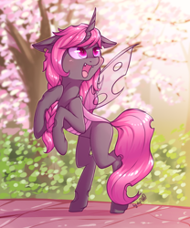 Size: 1920x2304 | Tagged: safe, artist:dsp2003, oc, oc only, oc:esalen, species:changeling, species:pony, braid, changeling queen, changeling queen oc, cherry blossoms, cherry tree, commission, cute, cute little fangs, cuteling, fangs, female, flower, flower blossom, mare, open mouth, pink changeling, rearing, slit eyes, solo, tree