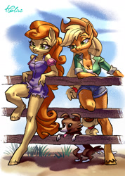 Size: 1378x1938 | Tagged: safe, artist:holivi, character:applejack, character:carrot top, character:golden harvest, character:winona, species:anthro, species:dog, species:earth pony, species:pony, species:unguligrade anthro, breasts, cleavage, clothing, female, fence, freckles, legs, mare