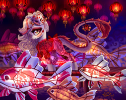 Size: 2067x1654 | Tagged: safe, artist:holivi, oc, oc only, species:dracony, species:pony, bell, clothing, commission, eyeshadow, fangs, female, fish, hybrid, koi, koi fish, lantern, lidded eyes, looking at you, makeup, mare, mask, paper lantern, pier, profile, see-through, slit eyes, smiling, solo, tail fluff, tail wrap, walking