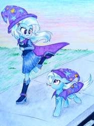 Size: 1741x2322 | Tagged: safe, artist:liaaqila, character:trixie, species:pony, species:unicorn, my little pony:equestria girls, blep, boots, cape, chest fluff, clothing, cute, diatrixes, dress, ear fluff, eye contact, fall formal outfits, female, floppy ears, fluffy, grass, grin, hat, high heel boots, human ponidox, leg fluff, lidded eyes, looking at each other, mare, marker drawing, neck fluff, ponidox, race, racing, running, self ponidox, shoes, sidewalk, silly, size difference, skirt, smiling, smirk, solo, tongue out, traditional art, trixie's cape, trixie's hat, windswept mane