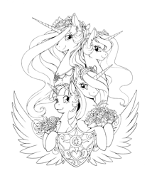 Size: 3752x4380 | Tagged: safe, artist:longinius, character:princess cadance, character:princess celestia, character:princess luna, character:twilight sparkle, character:twilight sparkle (alicorn), species:alicorn, species:pony, alicorn tetrarchy, bust, crest, female, flower, flower in hair, horn ring, jewelry, mare, monochrome, necklace, shield, smiling