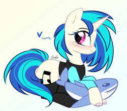 Size: 2290x2010 | Tagged: safe, artist:lazuli, character:dj pon-3, character:vinyl scratch, species:pony, species:unicorn, animal, black socks, blushing, clothing, cute, female, heart, mare, plushie, shark, shark plushie, simple background, smiling, socks, solo, stockings, swimsuit, thigh highs, vinylbetes, white background