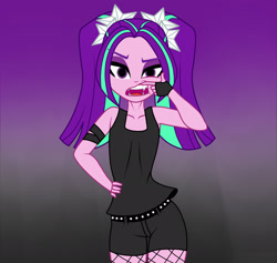 Size: 1900x1800 | Tagged: safe, artist:mashoart, character:aria blaze, equestria girls:rainbow rocks, g4, my little pony: equestria girls, my little pony:equestria girls, aria flat, armband, belt, breasts, clothing, cute, cute little fangs, delicious flat chest, fangs, female, fishnets, hand on hip, open mouth, shorts, solo, studded belt, tank top