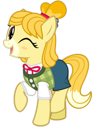 Size: 2400x3200 | Tagged: safe, artist:cheezedoodle96, species:earth pony, species:pony, .svg available, animal crossing, clothing, cute, female, isabelle, mare, nintendo, one eye closed, ponified, raised hoof, shirt, simple background, skirt, smiling, super smash bros. ultimate, svg, transparent background, vector, vest, wink