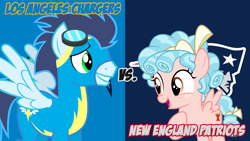 Size: 1920x1080 | Tagged: safe, artist:blackm3sh, artist:luckreza8, character:cozy glow, character:soarin', species:pony, afc divisional round, american football, los angeles chargers, new england patriots, nfl, nfl divisional round, nfl playoffs, sports, vector