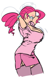 Size: 743x1137 | Tagged: safe, artist:moronsonofboron, character:pinkie pie, species:human, big breasts, breasts, busty pinkie pie, cleavage, female, glasses, hair, huge breasts, humanized, ponytail, sideboob, solo