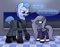 Size: 3000x2381 | Tagged: safe, artist:moonatik, oc, oc only, oc:selenite, species:bat pony, species:earth pony, species:pony, angry, annoyed, armor, bat pony oc, boots, clothing, condescending, dialogue, female, general, gloves, indoors, long mane, long tail, male, mare, military uniform, moon, night, shoes, short tail, size difference, soldier, stallion, this will end in pain, uniform