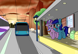 Size: 4610x3217 | Tagged: safe, artist:kimjoman, character:starlight glimmer, oc, oc:sierra nightingale, self insert, species:pegasus, species:pony, species:unicorn, building, canon x oc, city, cute, female, looking at each other, male, outdoors, raised hoof, sunset, text, tram, vehicle