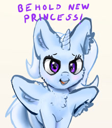 Size: 1614x1840 | Tagged: safe, artist:xbi, character:trixie, species:alicorn, species:pony, species:unicorn, alicornified, cheek fluff, chest fluff, context is for the weak, ear fluff, ears, engrish, female, lidded eyes, looking at you, mare, multiple ears, not salmon, open mouth, race swap, simple background, smiling, solo, text, this isn't even my final form, trixiecorn, wat, what has magic done, white background, wing ears, wing fluff, wtf
