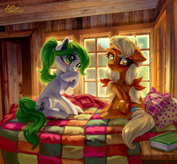 Size: 1318x1222 | Tagged: safe, artist:holivi, oc, oc only, species:earth pony, species:pony, backlighting, bed, blushing, book, cute, door, duo, female, floppy ears, mare, on bed, open mouth, pillow, signature, window