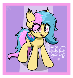 Size: 3553x3761 | Tagged: safe, artist:kimjoman, oc, oc only, oc:phyra, species:bat pony, species:pony, cute, happy, heart, heart eyes, looking up, male, positive message, solo, text, wingding eyes