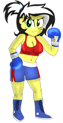 Size: 1800x3500 | Tagged: safe, alternate version, artist:toyminator900, oc, oc only, oc:uppercute, my little pony:equestria girls, belly button, boxing gloves, breasts, clothing, equestria girls-ified, female, freckles, nipples, shoes, shorts, solo, sports bra, sweat