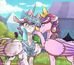 Size: 1034x912 | Tagged: safe, artist:inuhoshi-to-darkpen, character:princess cadance, character:princess flurry heart, species:alicorn, species:pony, armor, armor skirt, clothing, cloud, crystal guard armor, duo, feathered fetlocks, female, fluffy, flurry heart pearl of battle, grass, leonine tail, magic, magic aura, mama cadence, mare, mother and daughter, mothers gonna mother, older, older flurry heart, raised hoof, skirt, sky, telekinesis