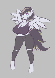Size: 1034x1450 | Tagged: safe, artist:funble, oc, oc:silver dust, species:anthro, species:pegasus, species:pony, species:unguligrade anthro, anthro oc, arm behind head, armpits, big breasts, breasts, busty oc, gray background, huge breasts, simple background