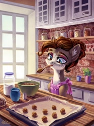 Size: 1654x2217 | Tagged: safe, artist:holivi, oc, oc only, oc:cookie dough, species:pony, apron, baking, brick, brown hair, bun, catpony, clothing, color, commission, cookie, cute, female, food, green eyes, kitchen, lighting, makeup, mare, original species, plant, solo, spoon, window