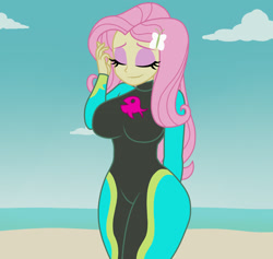 Size: 1900x1800 | Tagged: dead source, safe, artist:mashoart, character:fluttershy, g4, my little pony: equestria girls, my little pony:equestria girls, beach, beach babe, big breasts, breasts, busty fluttershy, clothing, curvy, eyes closed, female, ocean, sand, smiling, solo, thick, wetsuit