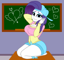 Size: 1900x1800 | Tagged: dead source, safe, artist:mashoart, character:rarity, episode:friendship university, g4, my little pony: friendship is magic, my little pony:equestria girls, alternate hairstyle, backwards ballcap, barefoot, baseball cap, big breasts, breasts, busty plainity, busty rarity, cap, chalkboard, clothing, denim skirt, disguise, equestria girls interpretation, feet, female, hat, looking at you, no catchlights, plainity, scene interpretation, shorts, skirt, solo, stupid sexy rarity, thighs