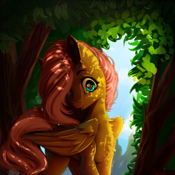 Size: 2000x2000 | Tagged: safe, artist:miokomata, character:fluttershy, species:pegasus, species:pony, chest fluff, cute, dappled sunlight, female, freckles, mare, open mouth, shyabetes, signature, solo, tree
