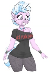 Size: 900x1330 | Tagged: safe, artist:flutterthrash, character:silverstream, species:anthro, species:classical hippogriff, species:hippogriff, g4, bracelet, breasts, busty silverstream, clothing, female, fishnets, jewelry, necklace, off shoulder, punk, shirt, simple background, smiling, solo, stockings, thigh highs, white background, wristband