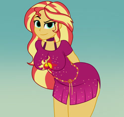 Size: 1900x1800 | Tagged: dead source, safe, artist:mashoart, character:sunset shimmer, equestria girls:spring breakdown, g4, my little pony: equestria girls, my little pony:equestria girls, spoiler:eqg series (season 2), breasts, clothing, female, gradient background, leaning, looking at you, no catchlights, sexy, smiling, solo