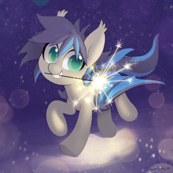 Size: 1110x1112 | Tagged: safe, artist:dawnfire, oc, oc only, oc:midnight aegis, species:bat pony, species:pony, g4, bat pony oc, bat wings, colored pupils, cute, holding, looking at you, male, mouth hold, ocbetes, signature, solo, sparkler, stallion, three quarter view, wings