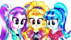 Size: 3745x2106 | Tagged: safe, artist:liaaqila, character:adagio dazzle, character:aria blaze, character:sonata dusk, my little pony:equestria girls, adoragio, ariabetes, clothing, cute, female, microphone, open mouth, simple background, smiling, sonatabetes, the dazzlings, traditional art, trio, trio female, when she smiles, white background