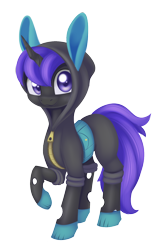 Size: 970x1442 | Tagged: safe, artist:dusthiel, oc, oc only, oc:blue visions, species:changeling, bunny ears, changeling oc, clothing, costume, dangerous mission outfit, female, hoodie, purple changeling, simple background, solo, transparent background