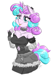 Size: 1000x1429 | Tagged: safe, artist:flutterthrash, character:princess flurry heart, species:anthro, choker, clothing, ear piercing, female, older, older flurry heart, piercing, princess emo heart, shorts, simple background, smiling, solo, spiked choker, spiked wristband, teenage flurry heart, teenager, tongue out, white background, wristband