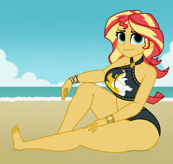 Size: 1900x1800 | Tagged: dead source, safe, artist:mashoart, character:sunset shimmer, g4, my little pony: equestria girls, my little pony:equestria girls, barefoot, beach, beach babe, beautiful, big breasts, bikini, bikini babe, bracelet, breasts, busty sunset shimmer, clothing, cloud, curvy, feet, female, jewelry, looking at you, no catchlights, sand, sexy, sky, solo, stupid sexy sunset shimmer, swimsuit, thick, thighs, water, wristband