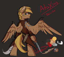 Size: 3167x2853 | Tagged: safe, artist:beardie, oc, oc only, oc:ataxias deicide, species:anthro, species:pegasus, species:pony, bipedal, clothing, edgy, edgy as fuck, gun, sword, weapon, wing claws