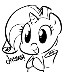Size: 530x568 | Tagged: dead source, safe, artist:tess, character:rarity, species:pony, species:unicorn, female, mare, monochrome, smiling, solo