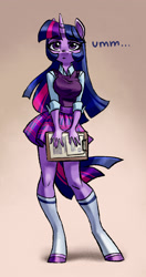 Size: 1089x2067 | Tagged: safe, artist:holivi, character:twilight sparkle, species:anthro, species:pony, species:unguligrade anthro, adorasexy, adorkable, arm boob squeeze, breasts, busty twilight sparkle, clipboard, clothing, cute, dork, female, kneesocks, legs, looking at you, mare, miniskirt, plaid skirt, pleated skirt, school uniform, schoolgirl, sexy, shirt, skirt, socks, solo, stupid sexy twilight, sweater vest, twiabetes, zettai ryouiki