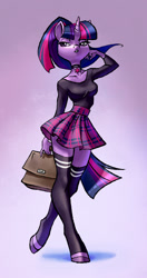 Size: 1089x2067 | Tagged: safe, artist:holivi, character:twilight sparkle, character:twilight sparkle (unicorn), species:anthro, species:pony, species:unguligrade anthro, species:unicorn, :o, alternate hairstyle, beautiful, breasts, briefcase, busty twilight sparkle, choker, clothing, collar, contrapposto, cutie mark collar, female, gradient background, legs, lidded eyes, looking sideways, mare, miniskirt, open mouth, plaid skirt, pleated skirt, ponytail, school bag, school uniform, schoolgirl, shirt, skirt, solo, stockings, thigh highs, zettai ryouiki