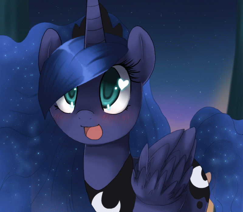Size: 800x700 | Tagged: dead source, safe, artist:loyaldis, character:princess luna, species:alicorn, species:pony, animated, blushing, colored pupils, cute, ethereal mane, eye shimmer, female, galaxy mane, gif, happy, heart eyes, lunabetes, mare, night, open mouth, sky, smiling, solo, starry night, weapons-grade cute, wingding eyes