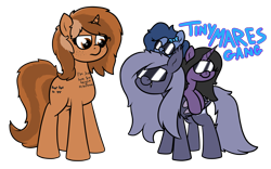 Size: 1915x1195 | Tagged: safe, artist:moonatik, oc, oc only, oc:rivibaes, oc:selenite, oc:sign, oc:whinny, species:bat pony, species:earth pony, species:pony, species:unicorn, bat pony oc, body writing, bored, bow, disinterested, female, gang, hair bow, height difference, horse riding a horse, long mane, mare, ponies riding ponies, riding, short, simple background, sitting on pony, size comparison, size difference, sunglasses, text, transparent background, writing