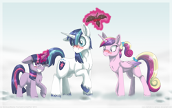 Size: 1024x643 | Tagged: safe, artist:inuhoshi-to-darkpen, character:princess cadance, character:shining armor, character:twilight sparkle, ship:shiningcadance, blushing, chest fluff, female, filly, holly, holly mistaken for mistletoe, male, shipper on deck, shipping, snow, straight, twilight the shipper, unshorn fetlocks