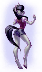 Size: 806x1378 | Tagged: safe, artist:holivi, character:octavia melody, species:anthro, species:earth pony, species:pony, species:unguligrade anthro, g4, adorasexy, booty shorts, clothing, cute, eyes closed, female, leg focus, legs, mare, sexy, shorts, solo, treblebutt