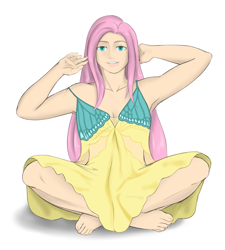 Size: 2783x3096 | Tagged: safe, artist:eve-ashgrove, character:fluttershy, species:human, adorasexy, armpits, barefoot, clothing, cute, dress, feet, female, humanized, off shoulder, sexy, simple background, smiling, solo, toes, white background