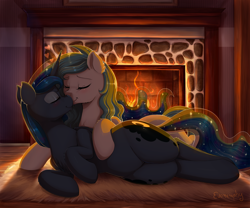 Size: 2700x2250 | Tagged: safe, artist:evomanaphy, patreon reward, character:princess luna, oc, oc:shadow blue, species:alicorn, species:earth pony, species:pony, bellyrubs, blue eyes, blue fur, blue mane, blushing, boop, canon x oc, caress, carpet, chest fluff, cuddling, cute, cutie mark, eyes closed, family, female, fireplace, fluffy, happy, hnnng, hug, in love, indoors, lesbian, lying down, mare, moonbutt, night, noseboop, not celestia, nuzzling, patreon, petting, prone, romantic, sexy, smiling, weapons-grade cute, window