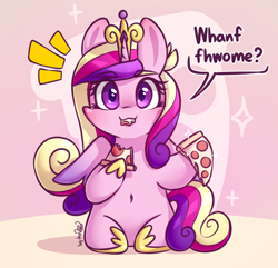 Size: 1330x1280 | Tagged: safe, artist:dsp2003, character:princess cadance, species:alicorn, species:pony, abstract background, belly button, bipedal, blushing, chibi, comic, cute, cutedance, female, food, full mouth, looking at you, mare, meat, peetzer, pepperoni, pepperoni pizza, pizza, ponies eating meat, salami, signature, single panel, sitting, solo, that pony sure does love pizza, this will end in weight gain